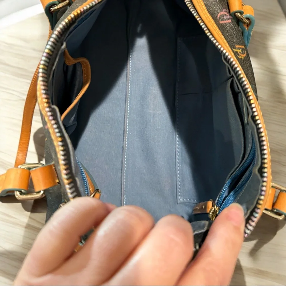 Dooney & Bourke Black Multicolor Logo Barrel Satchel with Tan Trim